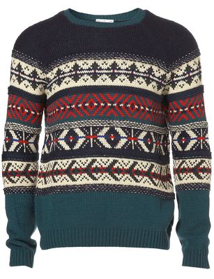 Topman Teal Pattern Crew Neck Jumper