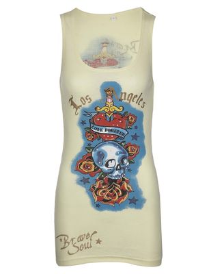 Blue Inc Woman Skull Tattoo Sequin Vest. Long vest with skull tattoo design 
