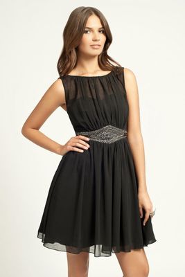 Little Mistress Black Chiffon Embellished Waist Dress