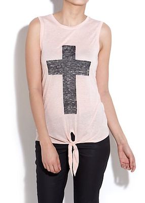 New Look Cross Print Tie Front Top